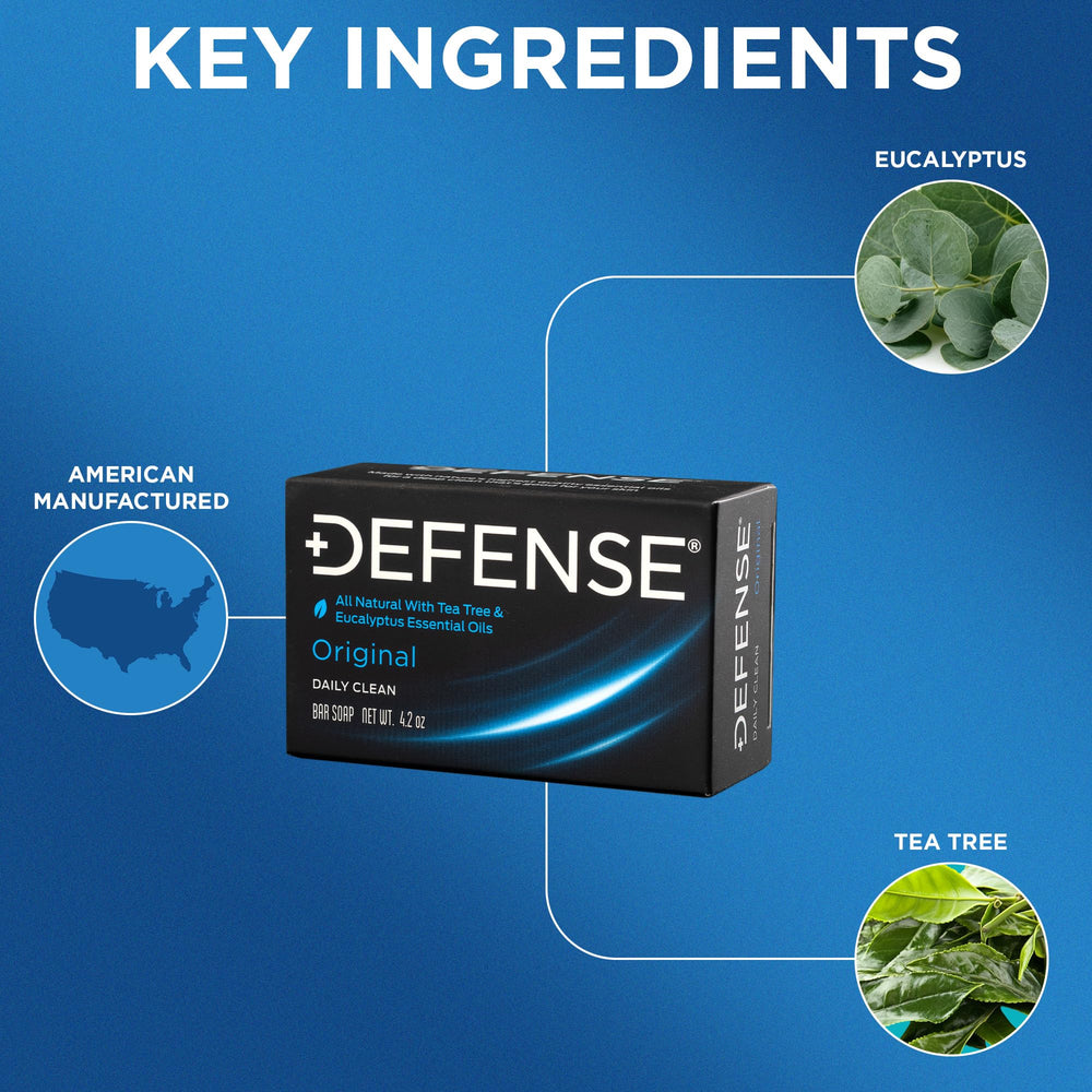 Defense Soap tea tree bar bars closeup emphasizes removing gym grime and sweat with essential oils.