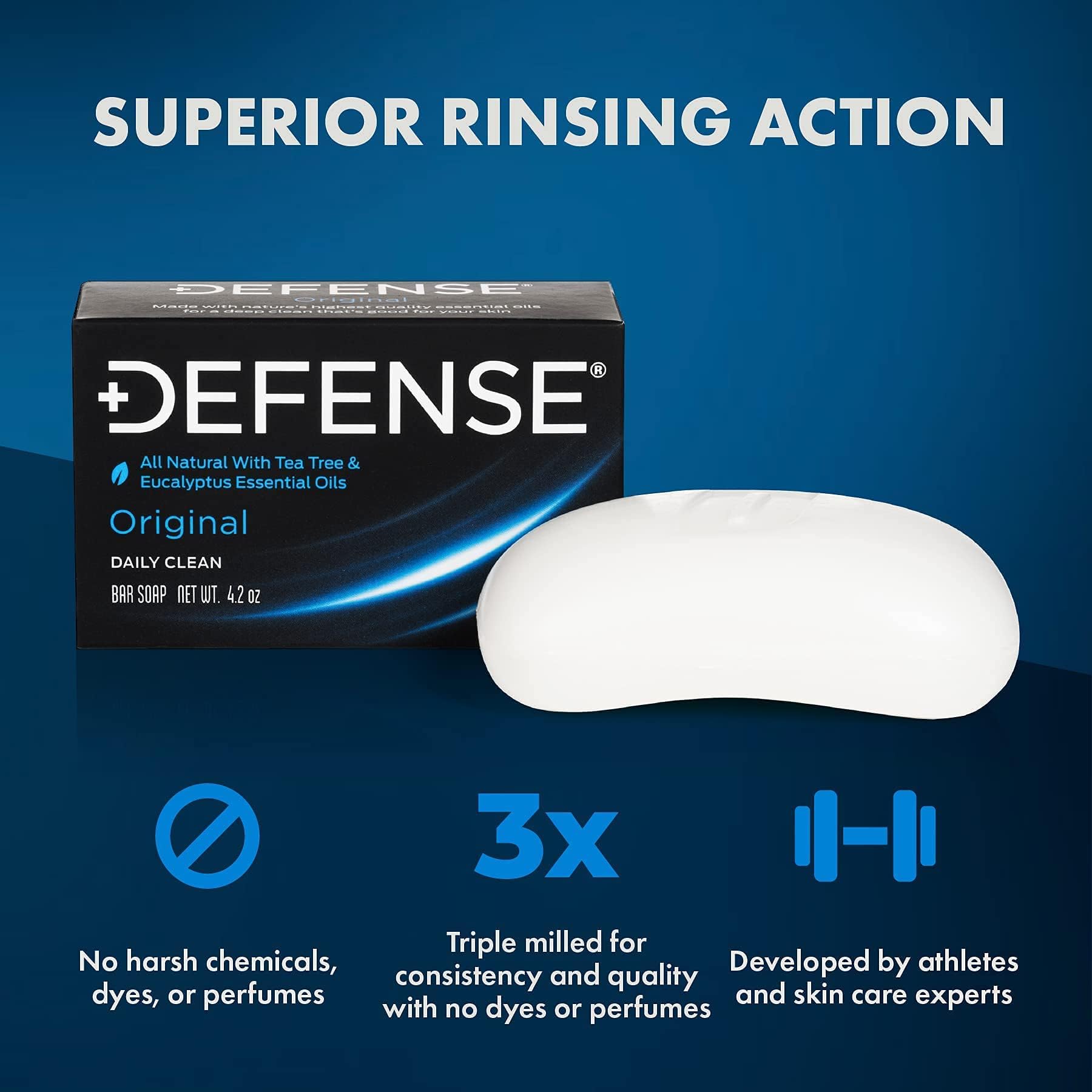 Defense Soap tea tree bar packaging closeup shows no fragrances or dyes, appealing to sensitive skin.