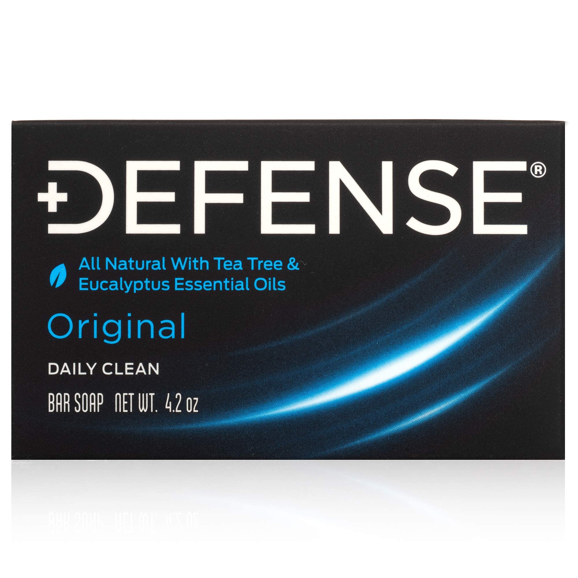 Defense Soap Tea Tree Bar Front Label reveals natural ingredients like tea tree and eucalyptus oils.