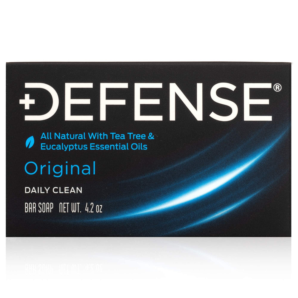 Defense Soap Tea Tree Bar Front Label reveals natural ingredients like tea tree and eucalyptus oils.