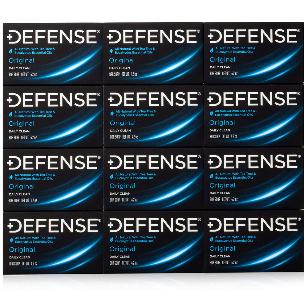Defense Soap Tea Tree Bar Pack Shot shows a 12-pack for convenient daily cleansing.