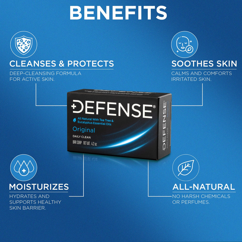 Defense Soap tea tree bar scent closeup communicates eucalyptus notes and sensitive-skin suitability.