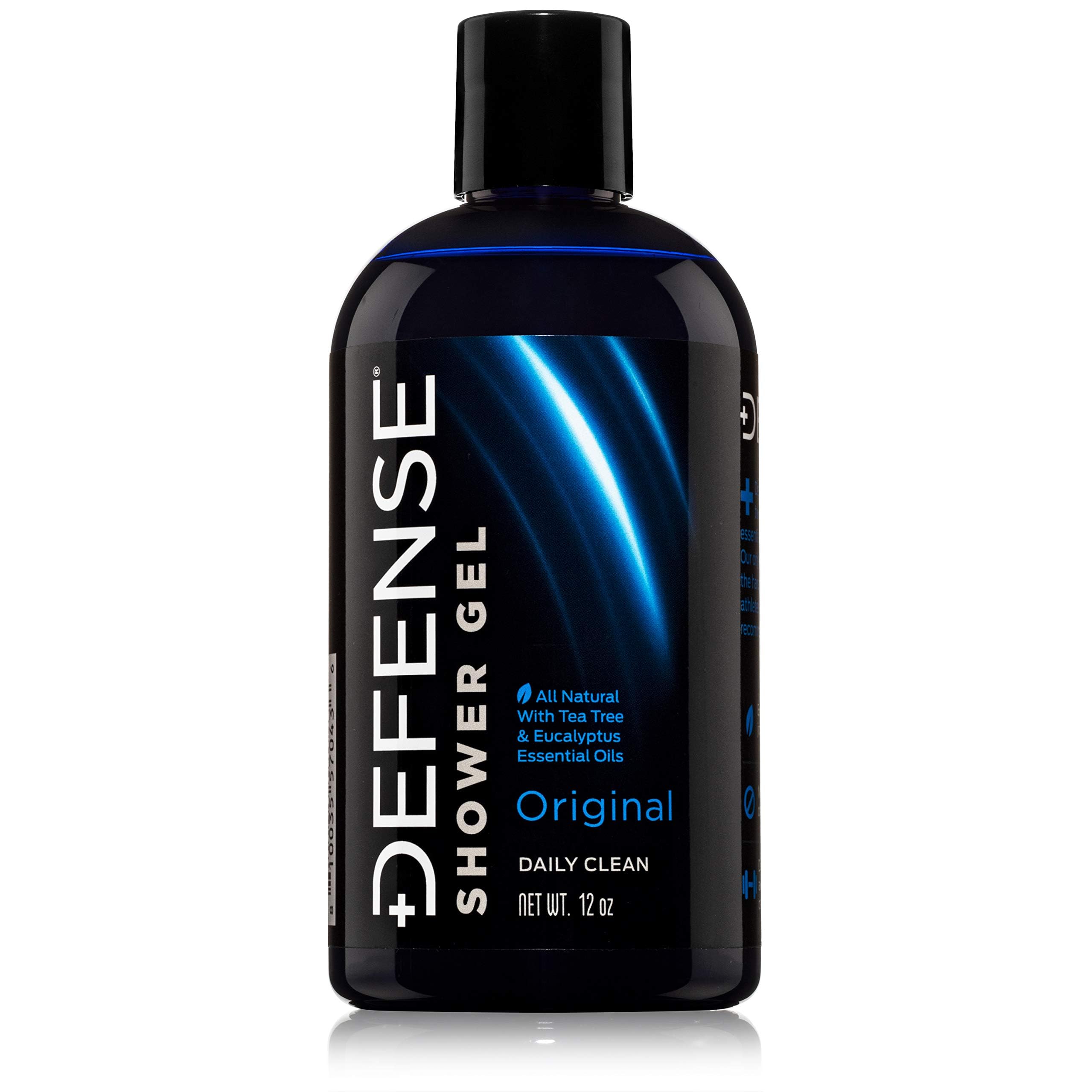 Defense Soap Tea Tree Body Wash bottle on shower shelf offering post-workout refresh and odor control.