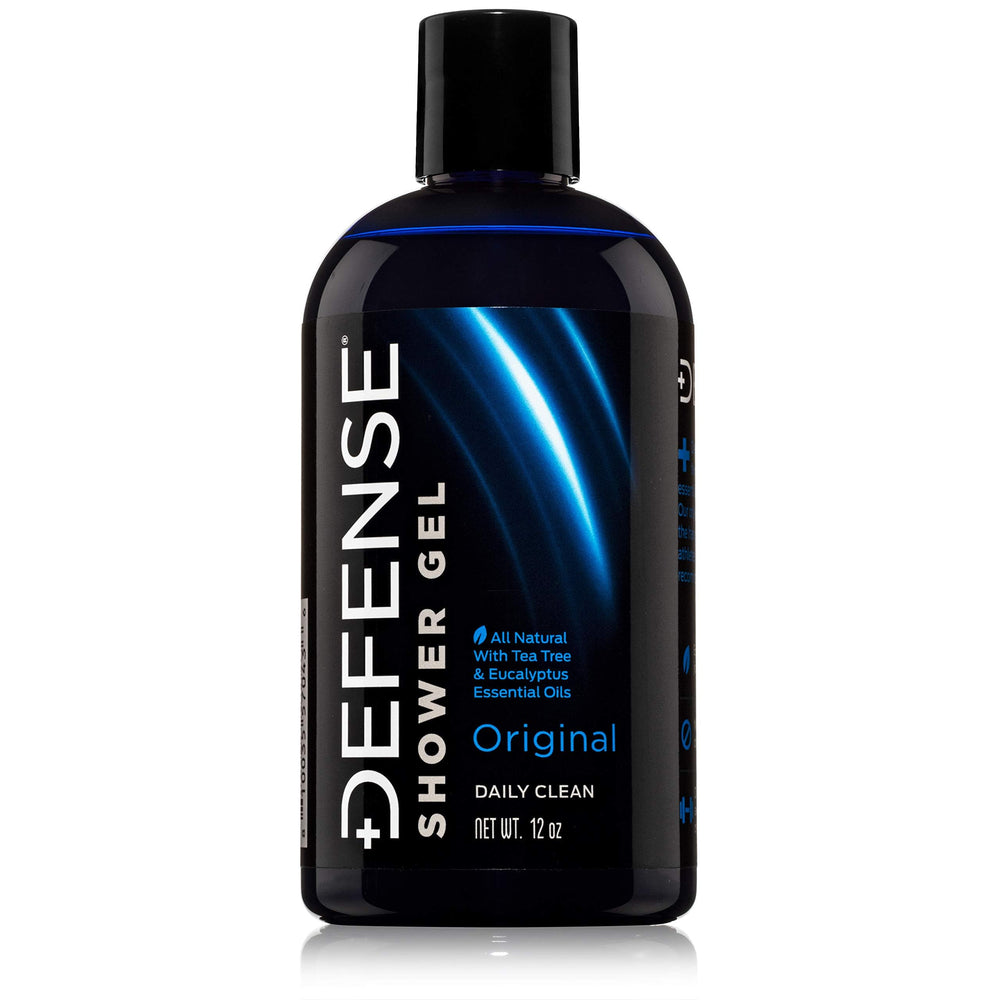 Defense Soap Tea Tree Body Wash bottle on shower shelf offering post-workout refresh and odor control.