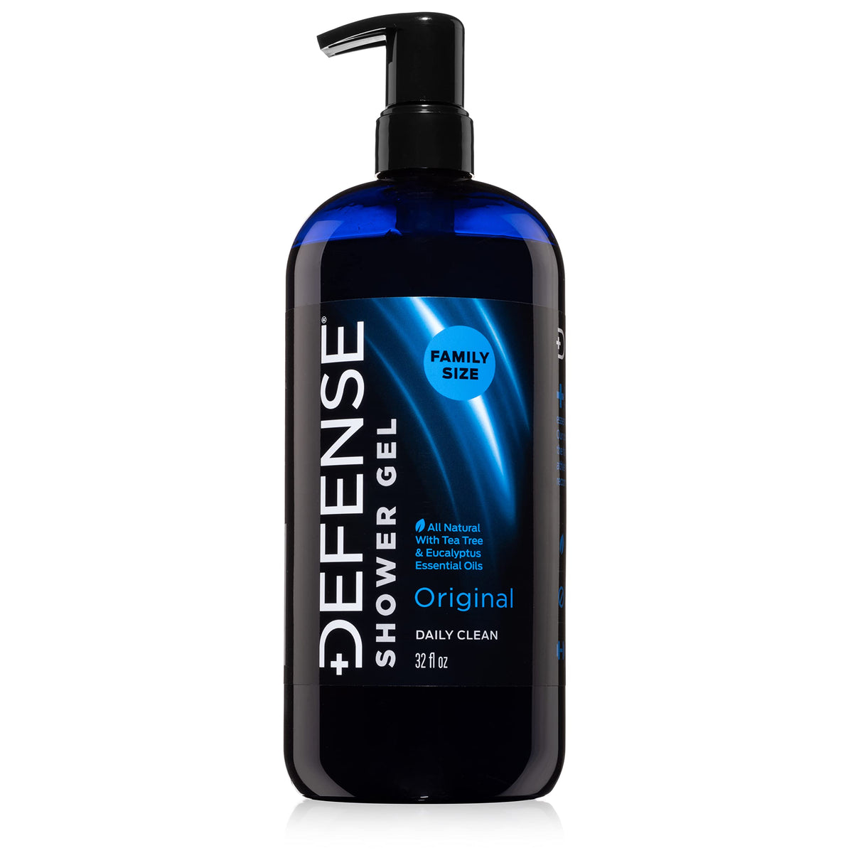 Defense Soap Tea Tree Body Wash bottle in shower for post-workout cleansing.
