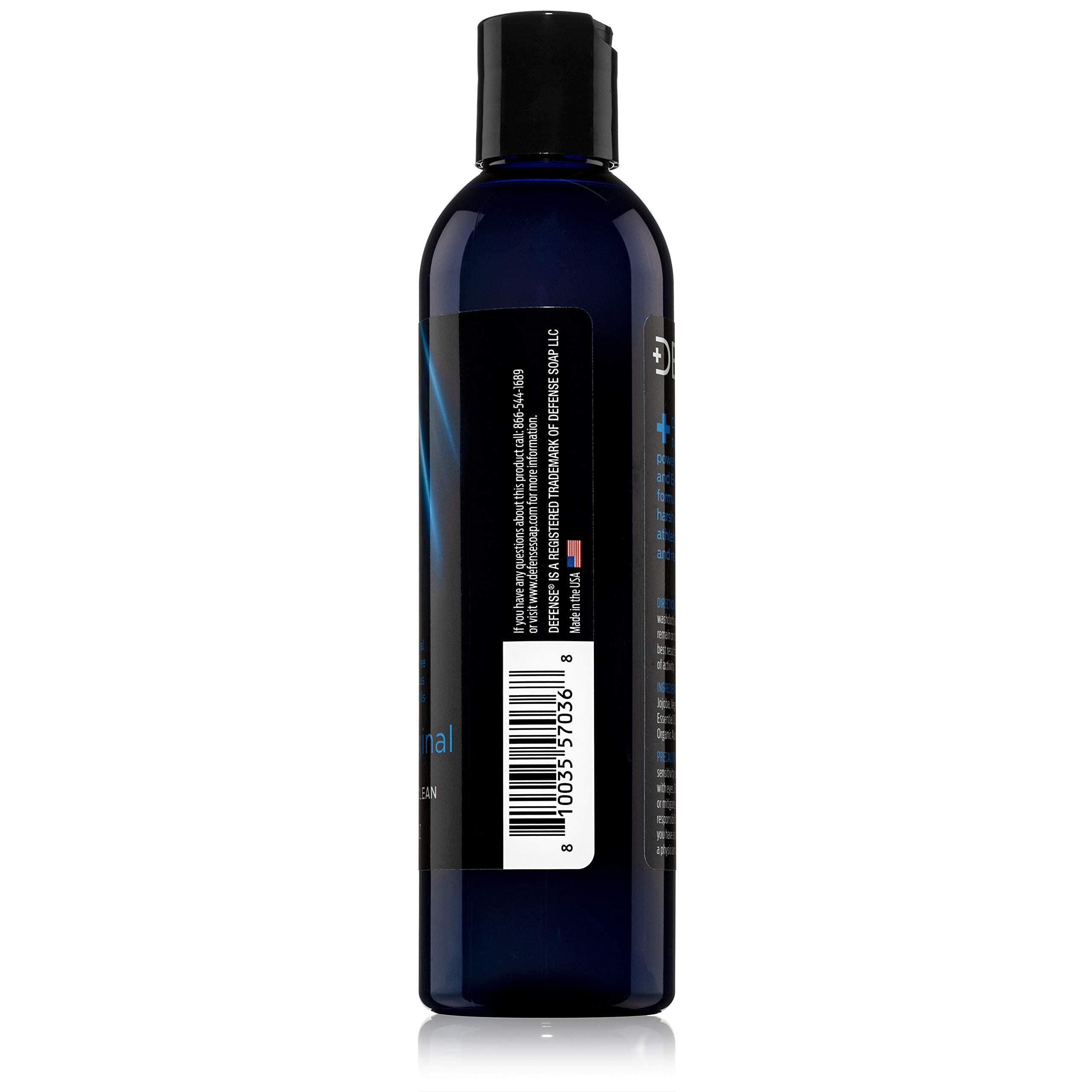 Defense Soap Tea Tree Body Wash label highlights vegan, non-GMO formulation.