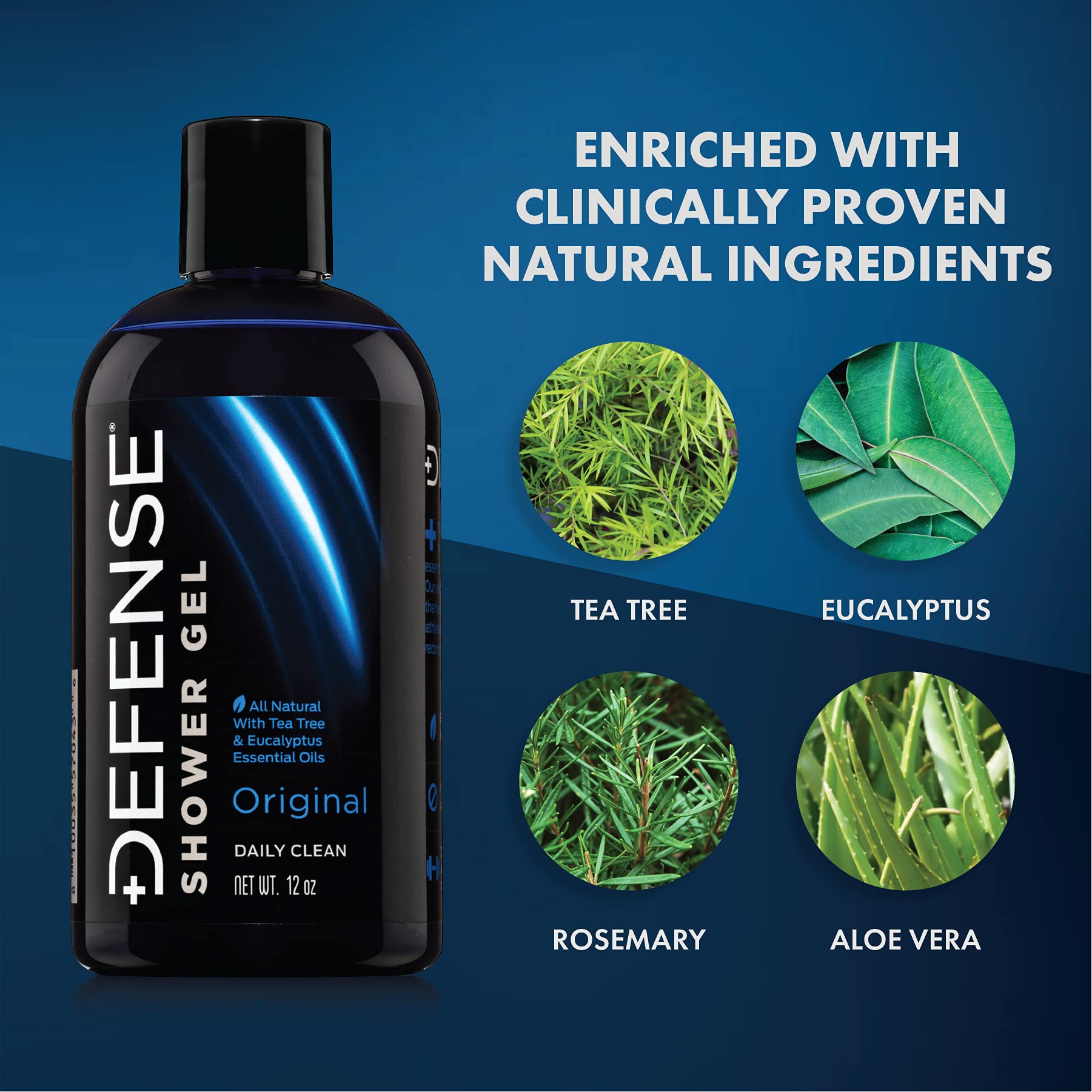 Defense Soap Tea Tree Body Wash label highlights vegan ingredients and clean rinse.