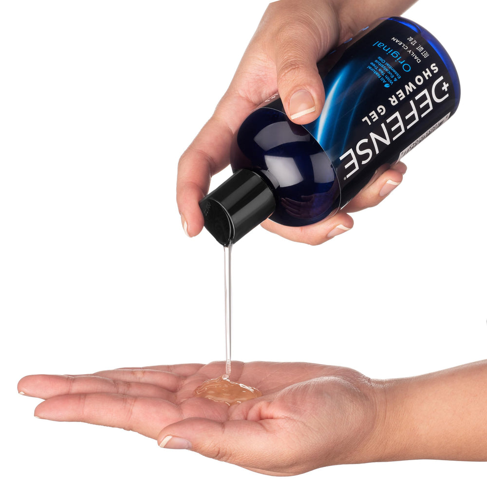 Defense Soap Tea Tree Body Wash lather swirls richly to cleanse pores.