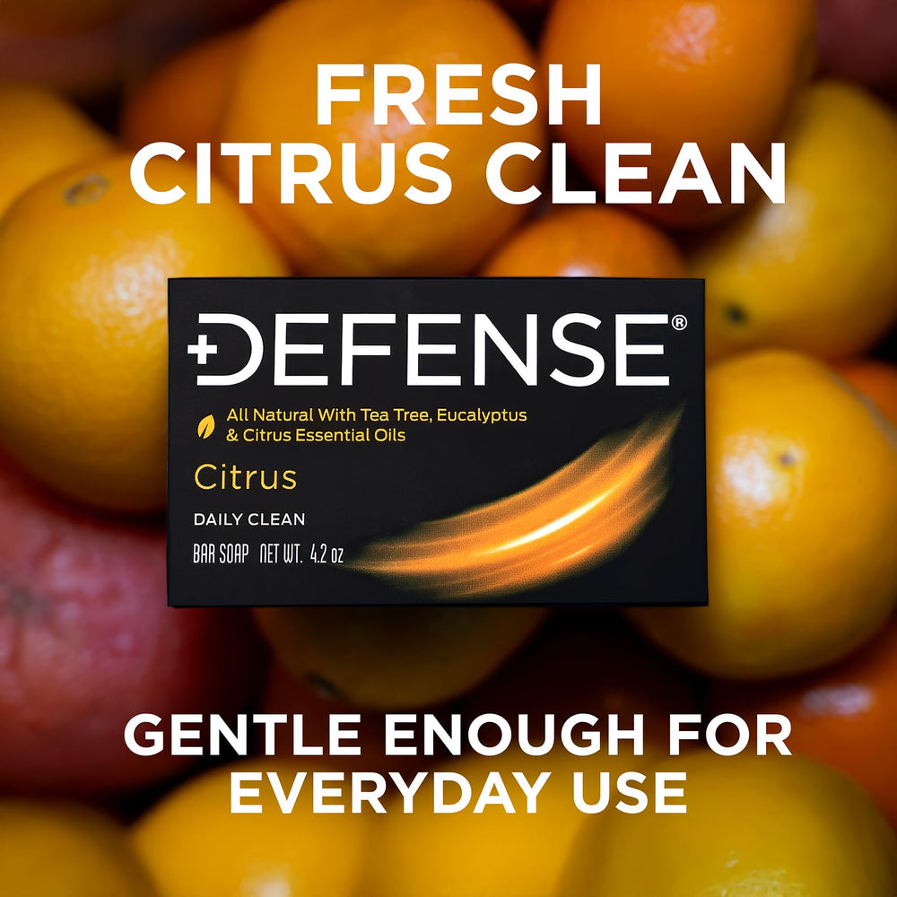 Defense Soap triple milled bar close-up; premium longevity for frequent showers.