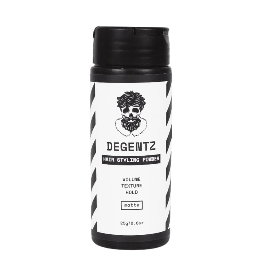 DEGENTZ King-Sized Hair Powder application demonstrates root sprinkling for clean texture.