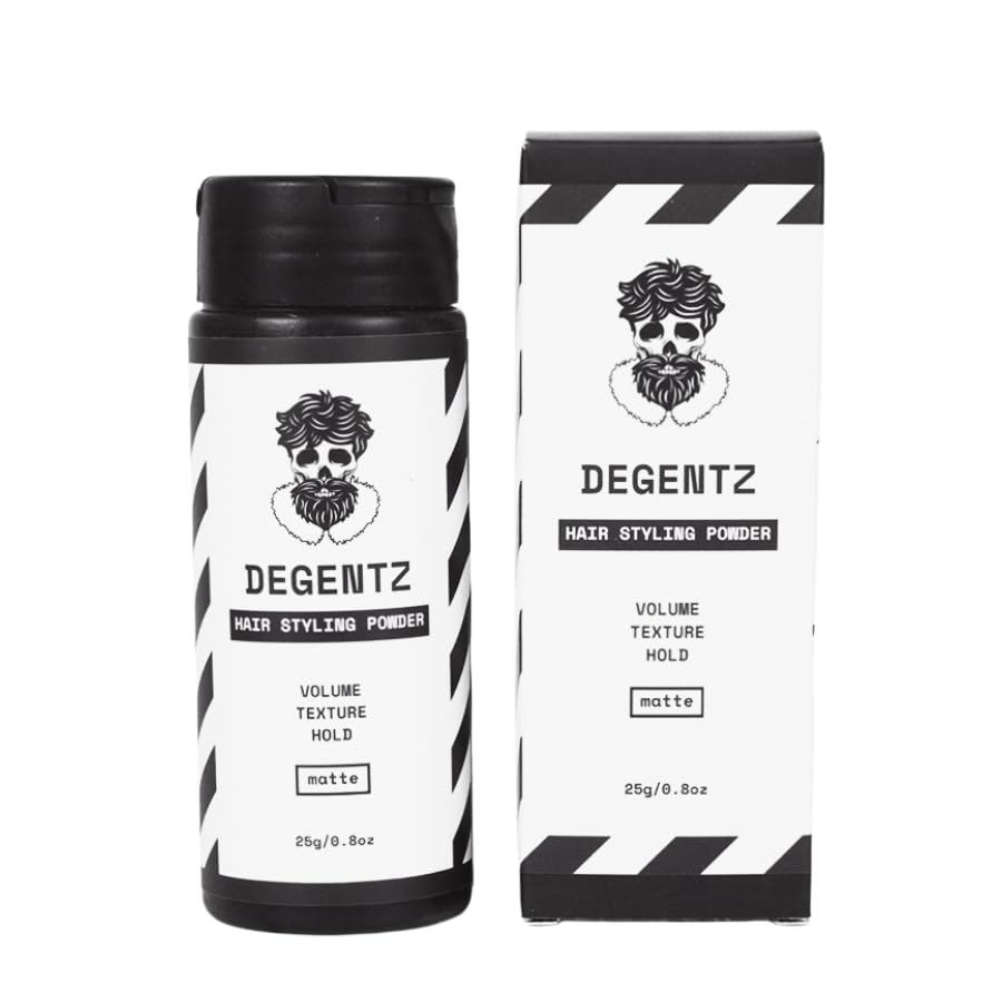 DEGENTZ King-Sized Hair Powder bottle shows mess-free application for quick styling.