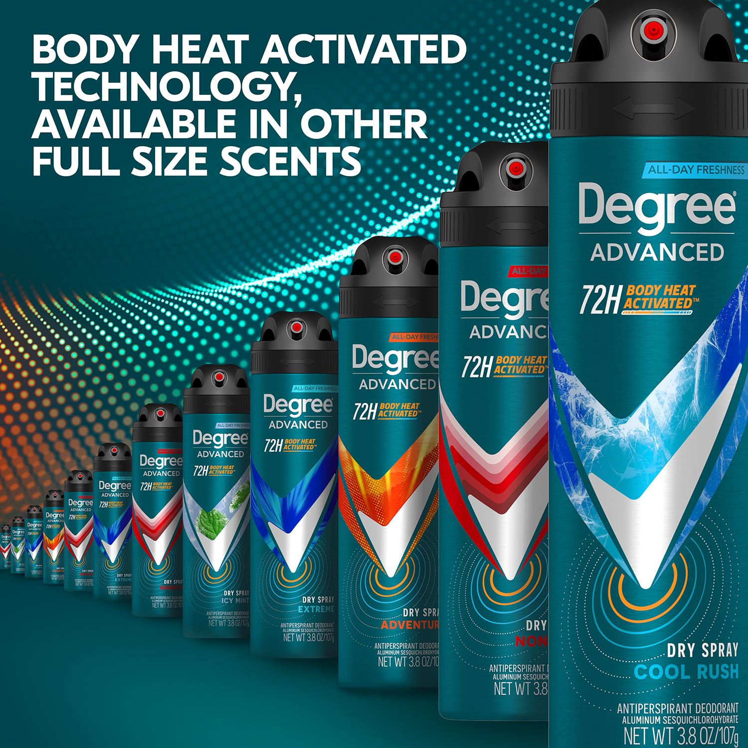 Degree 3-pack closeup product shot focuses on the applicator and spray mechanism.