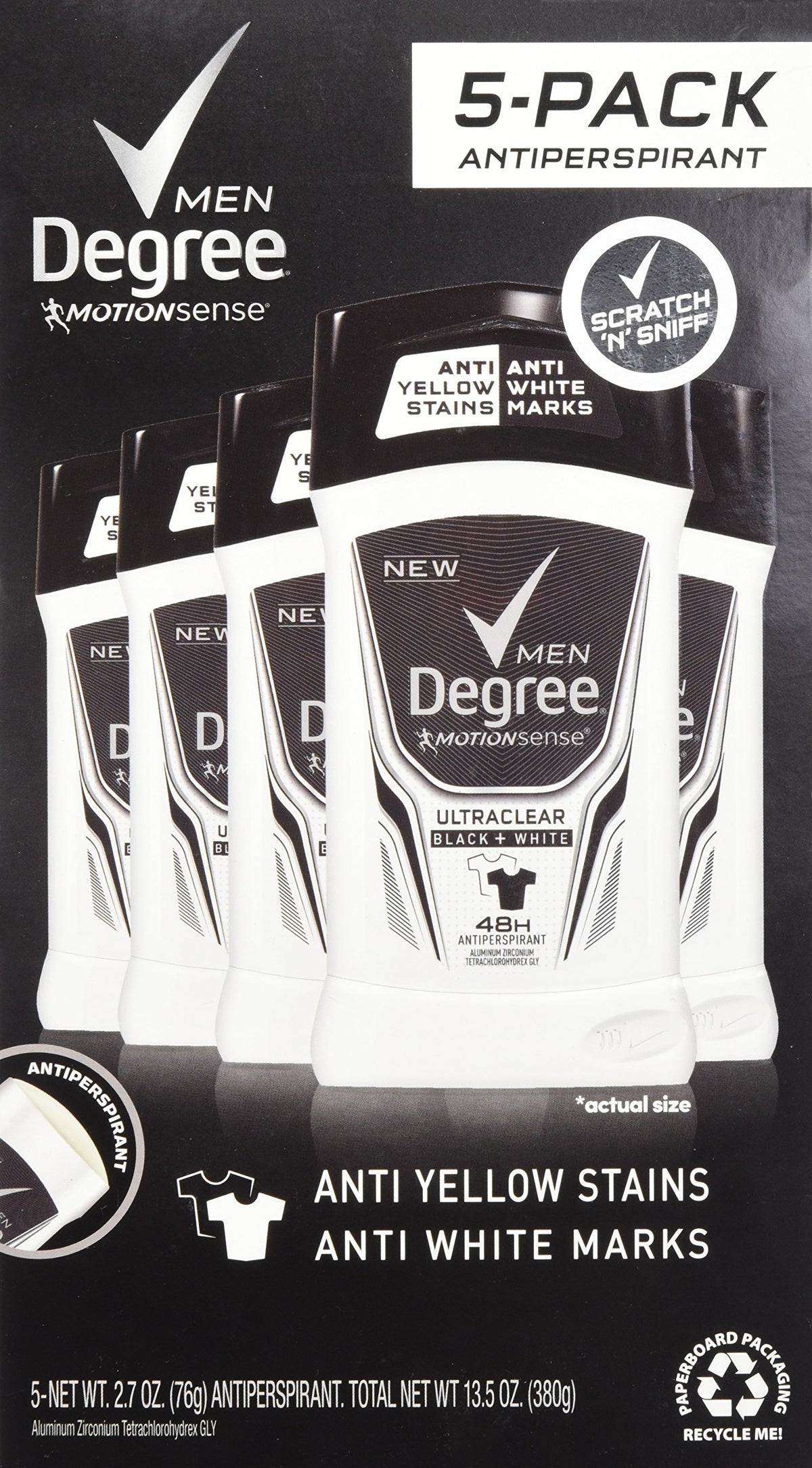 Degree Adrenaline Series pack front view shows five-pack with extra can for lasting protection