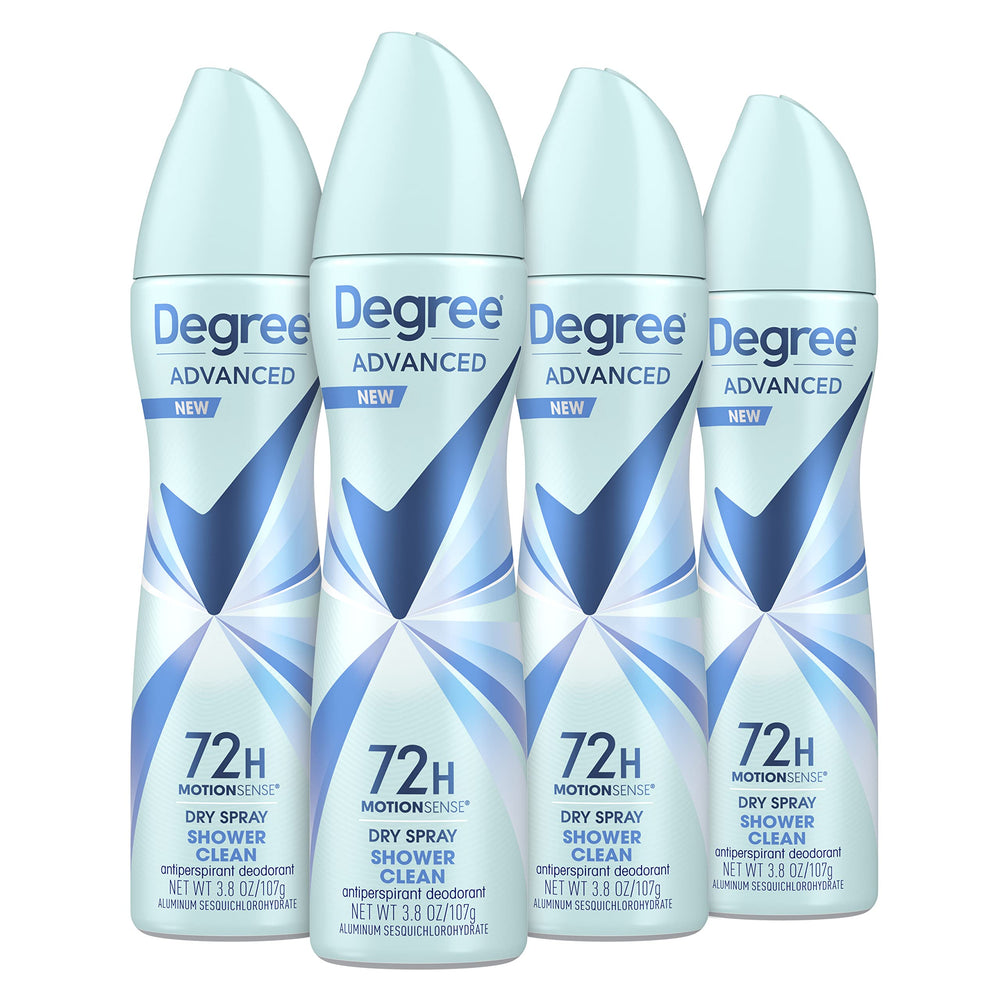 Degree Advanced Shower Clean dry spray application demonstrates instant dry feeling for busy mornings.