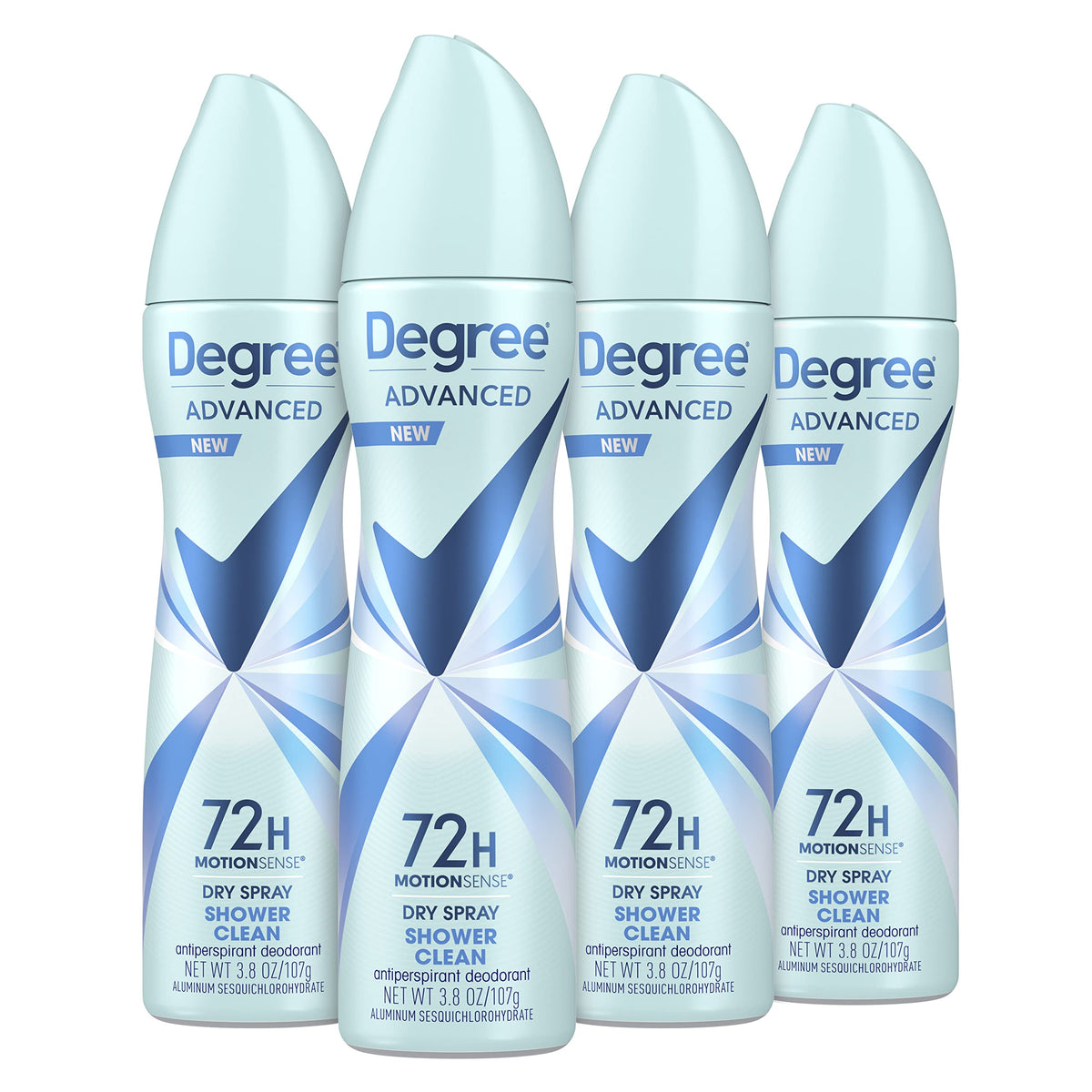 Degree Advanced Shower Clean dry spray application demonstrates instant dry feeling for busy mornings.