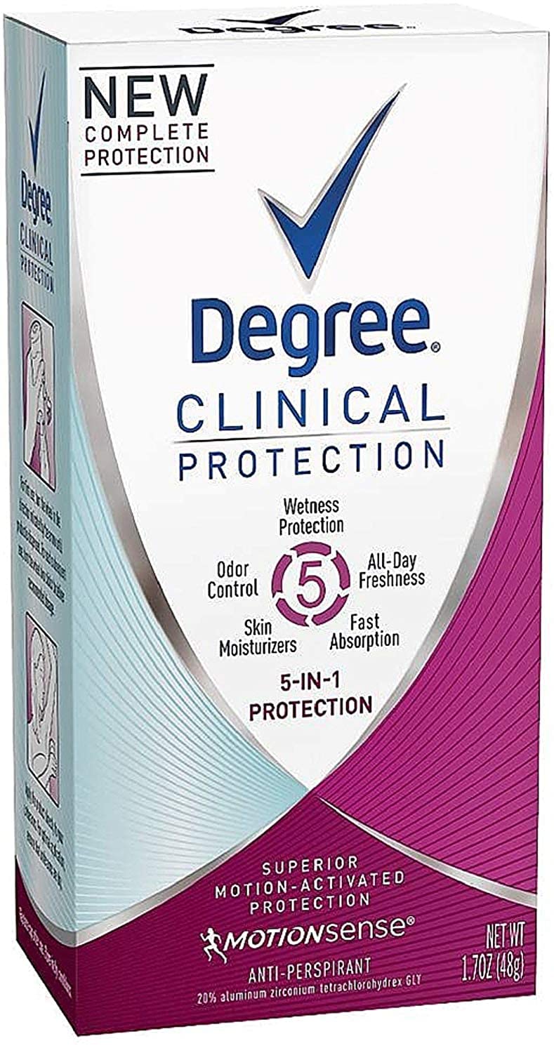 Degree Clinical Protection 5-in-1 bottle offering all-day protection and odor control