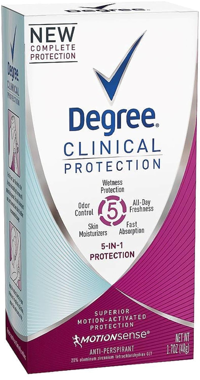 Degree Clinical Protection bottle front showing 5-in-1 protection for daily use