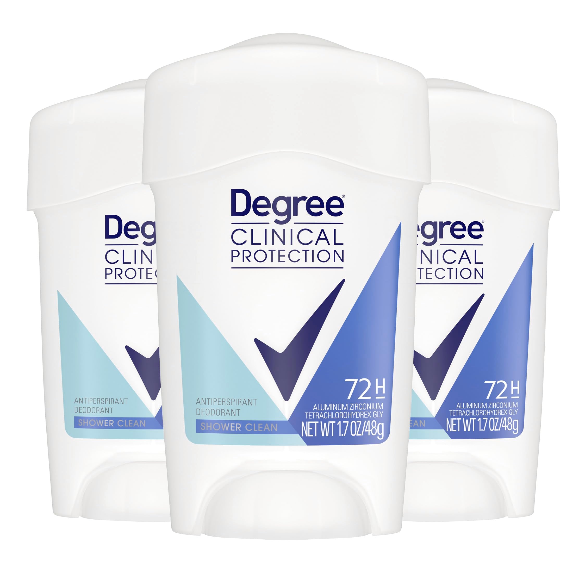 Degree Clinical Protection Shower Clean 3-pack on shelf shows strong wetness protection.