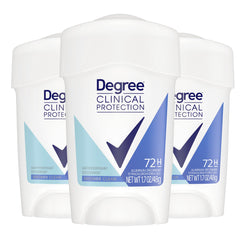 Degree Clinical Protection Shower Clean 3-pack on shelf shows strong wetness protection.