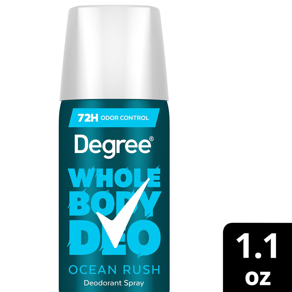 Degree Whole Body Deodorant spray clear application showing no residue on skin.