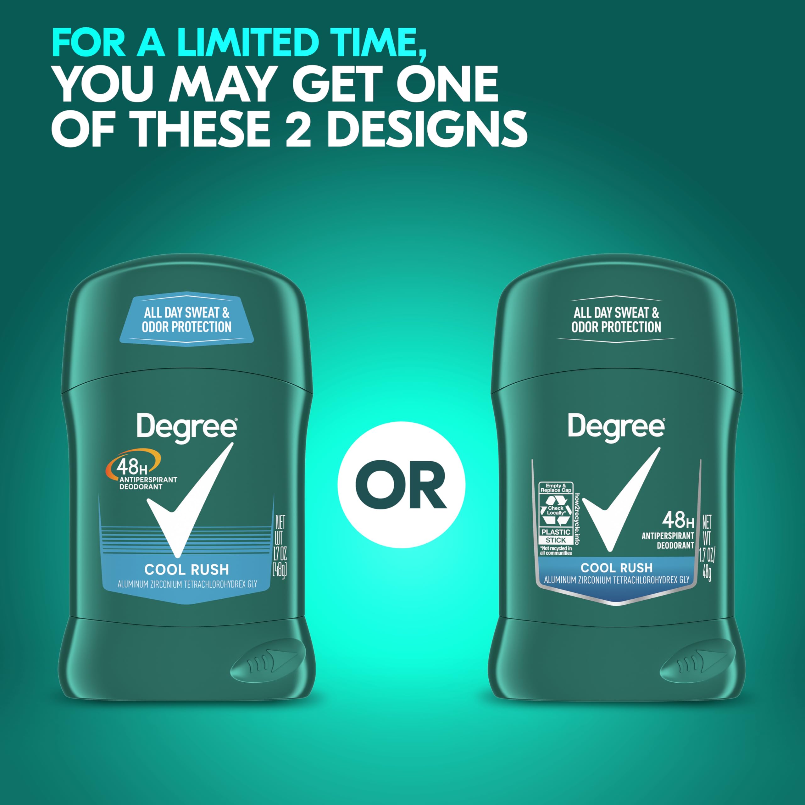 Degree Men Cool Rush illustrates 48-hour protection for long day dryness.