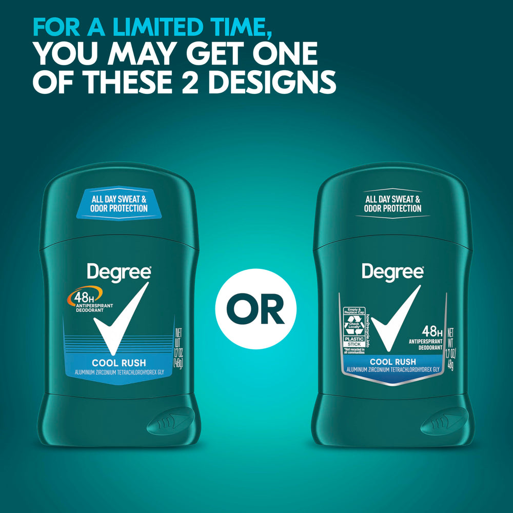 Degree Men Cool Rush illustrates 48-hour protection for long day dryness.