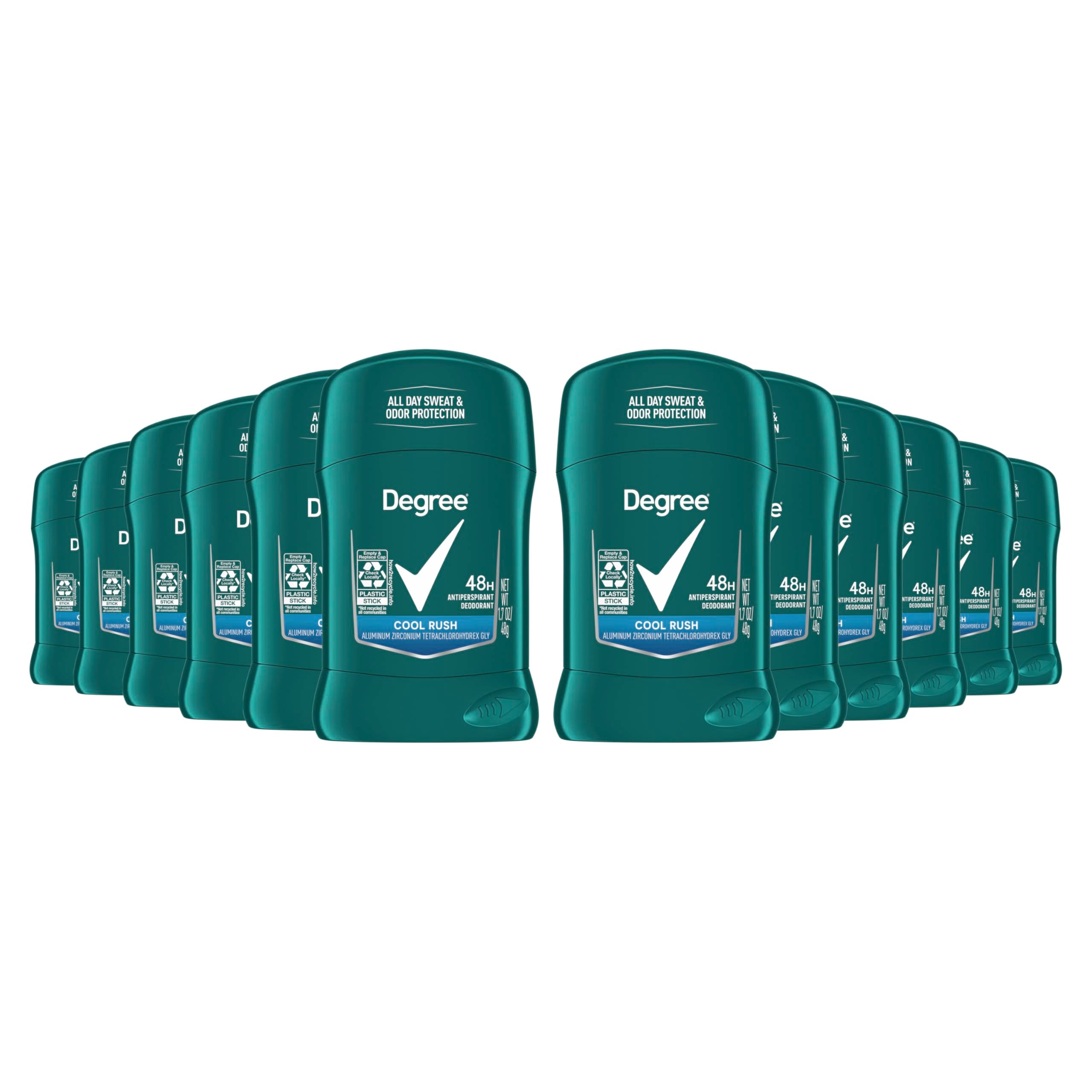 Degree Men Cool Rush antiperspirant stick being applied for quick glide and freshness.