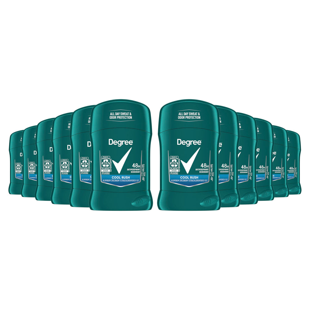 Degree Men Cool Rush antiperspirant stick being applied for quick glide and freshness.