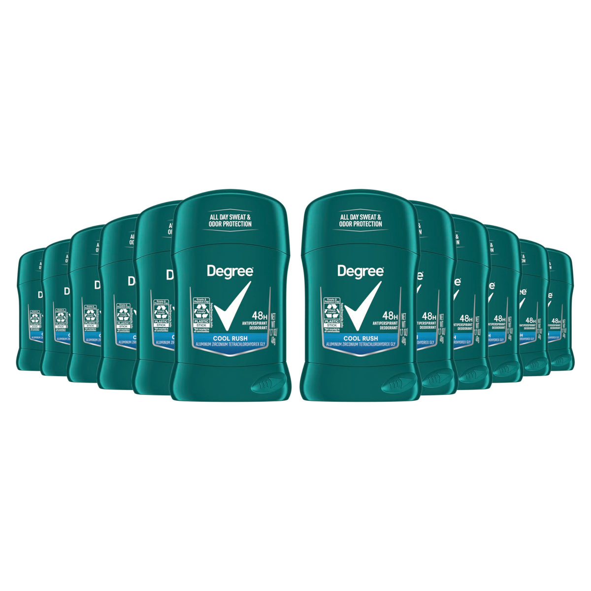 Degree Men Cool Rush antiperspirant stick being applied for quick glide and freshness.