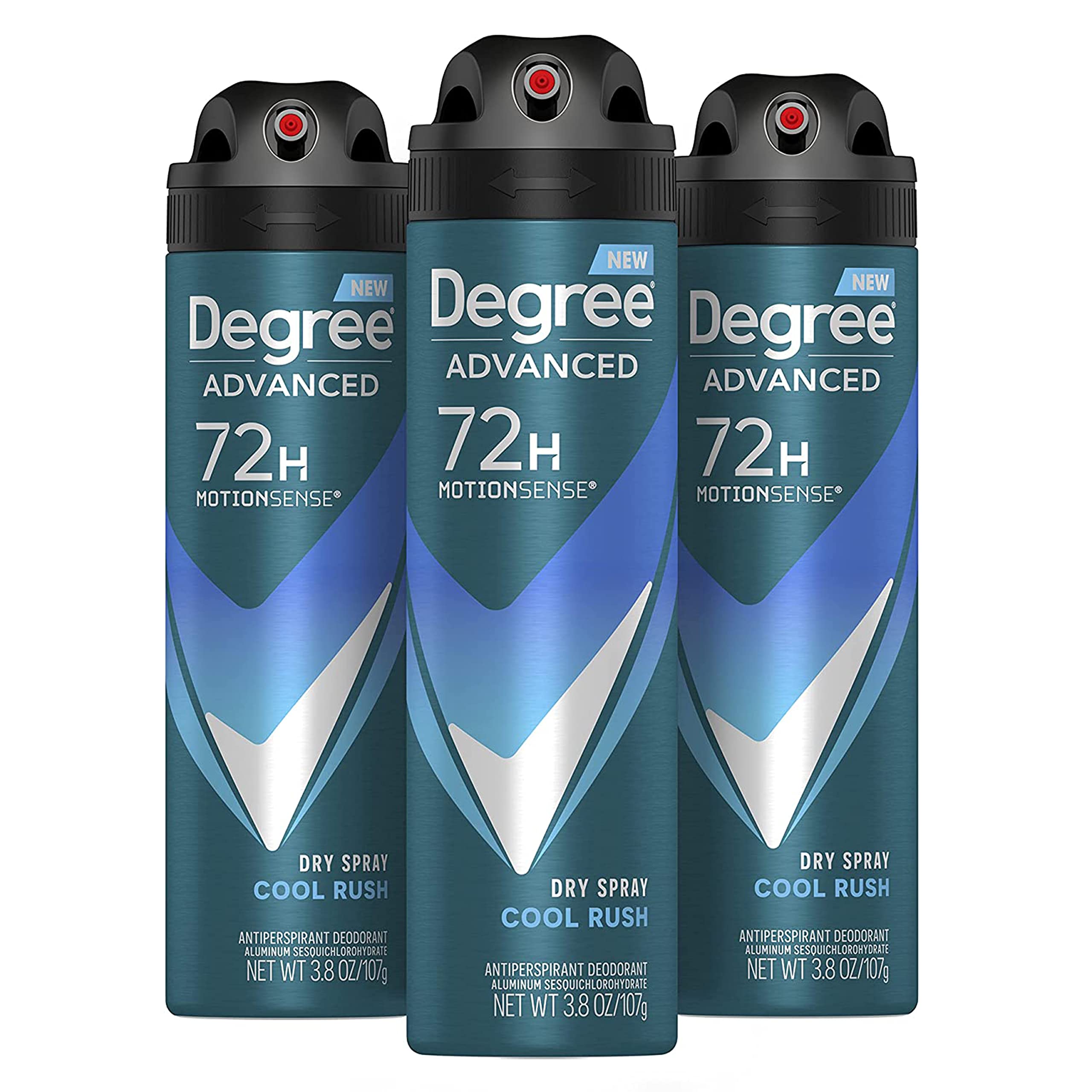Degree Men Cool Rush dry spray front view shows quick-dry action for active days