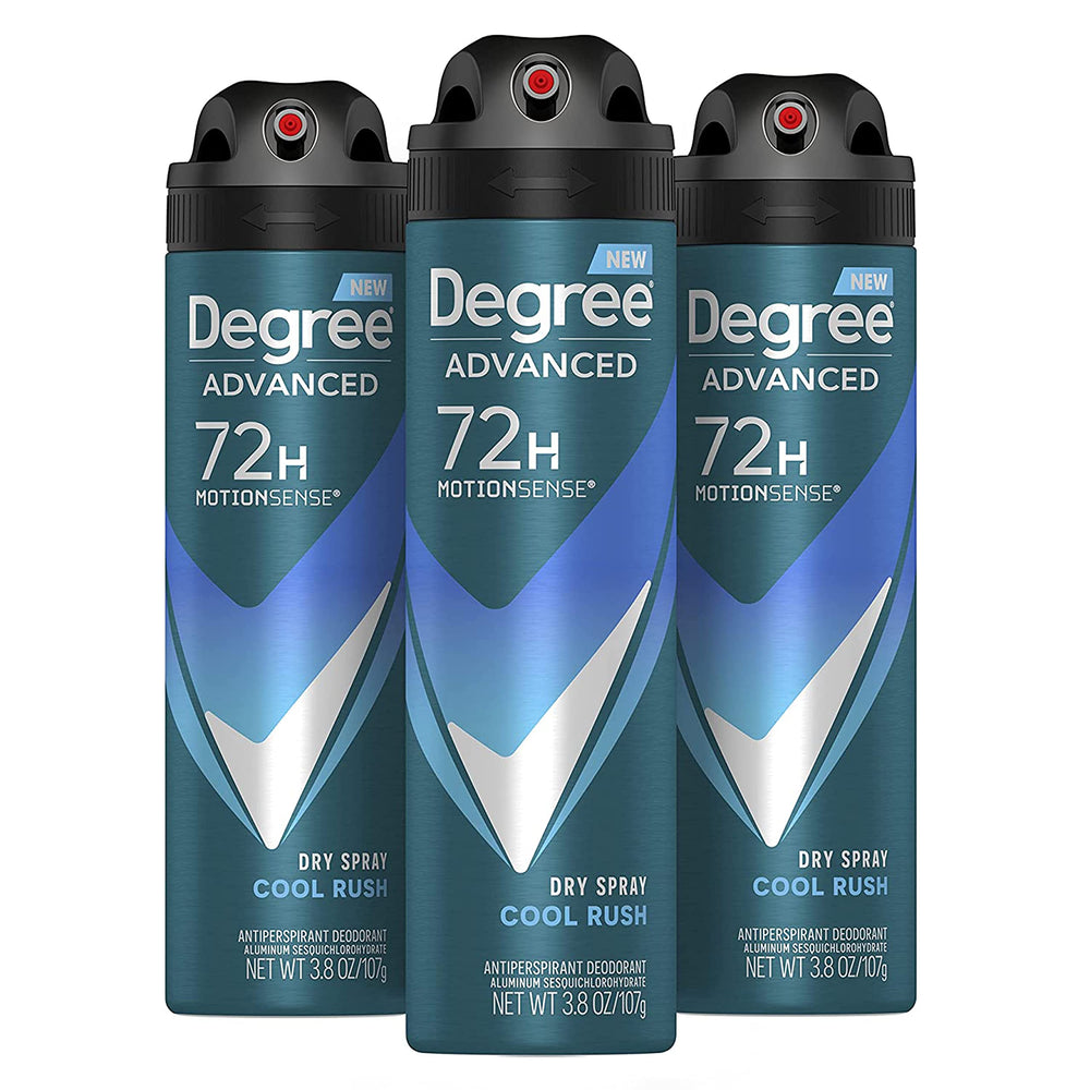 Degree Men Cool Rush dry spray front view shows quick-dry action for active days