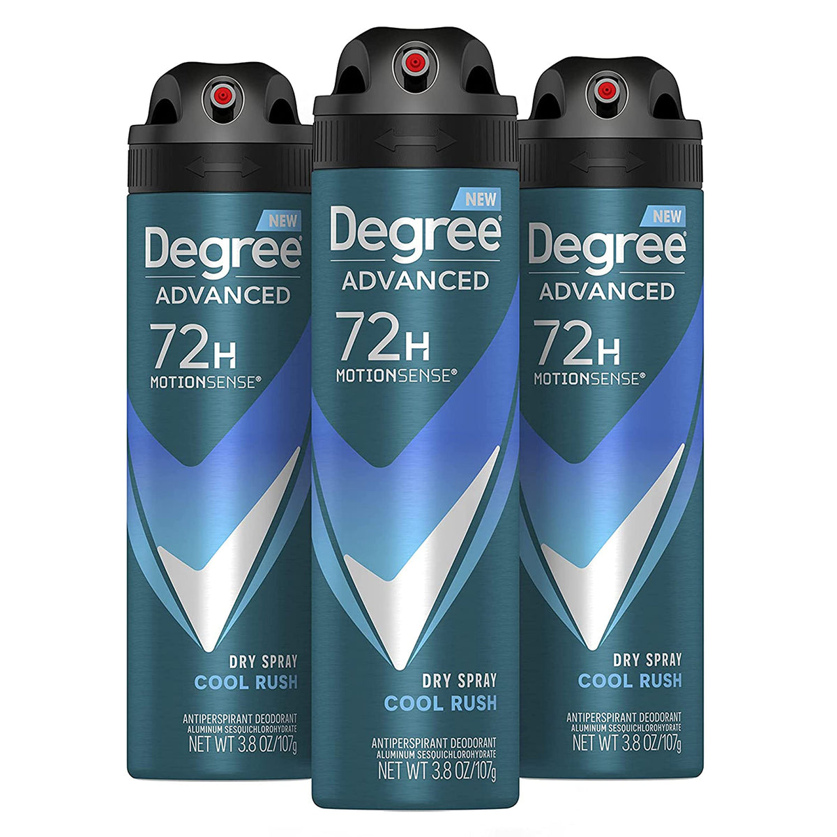 Degree Men Cool Rush dry spray front view shows quick-dry action for active days