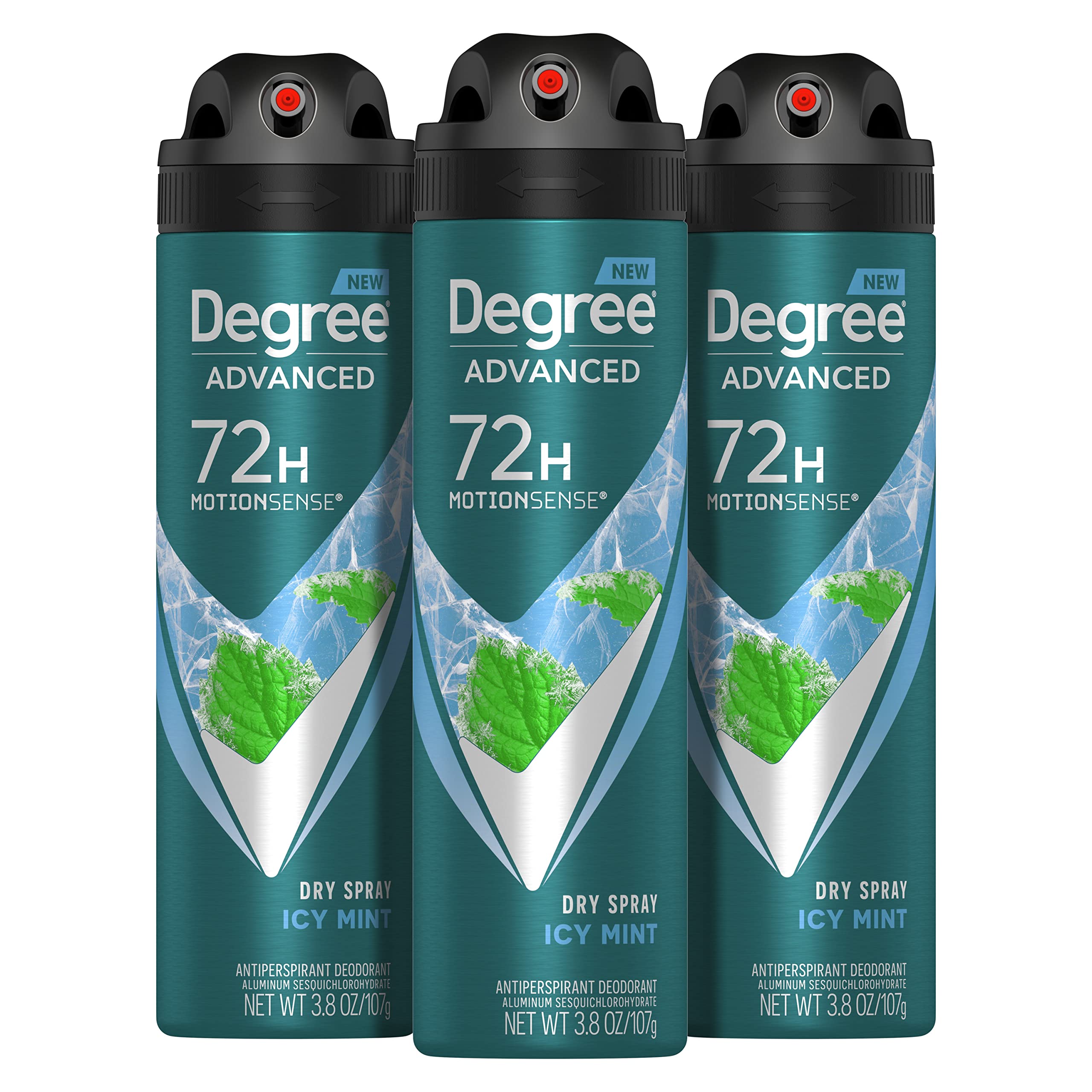 Degree Men icy mint dry spray can showing compact design for reliable all-day protection.
