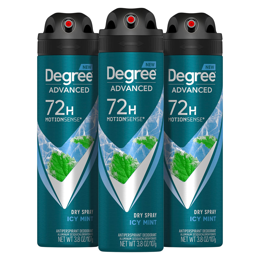 Degree Men icy mint dry spray can showing compact design for reliable all-day protection.