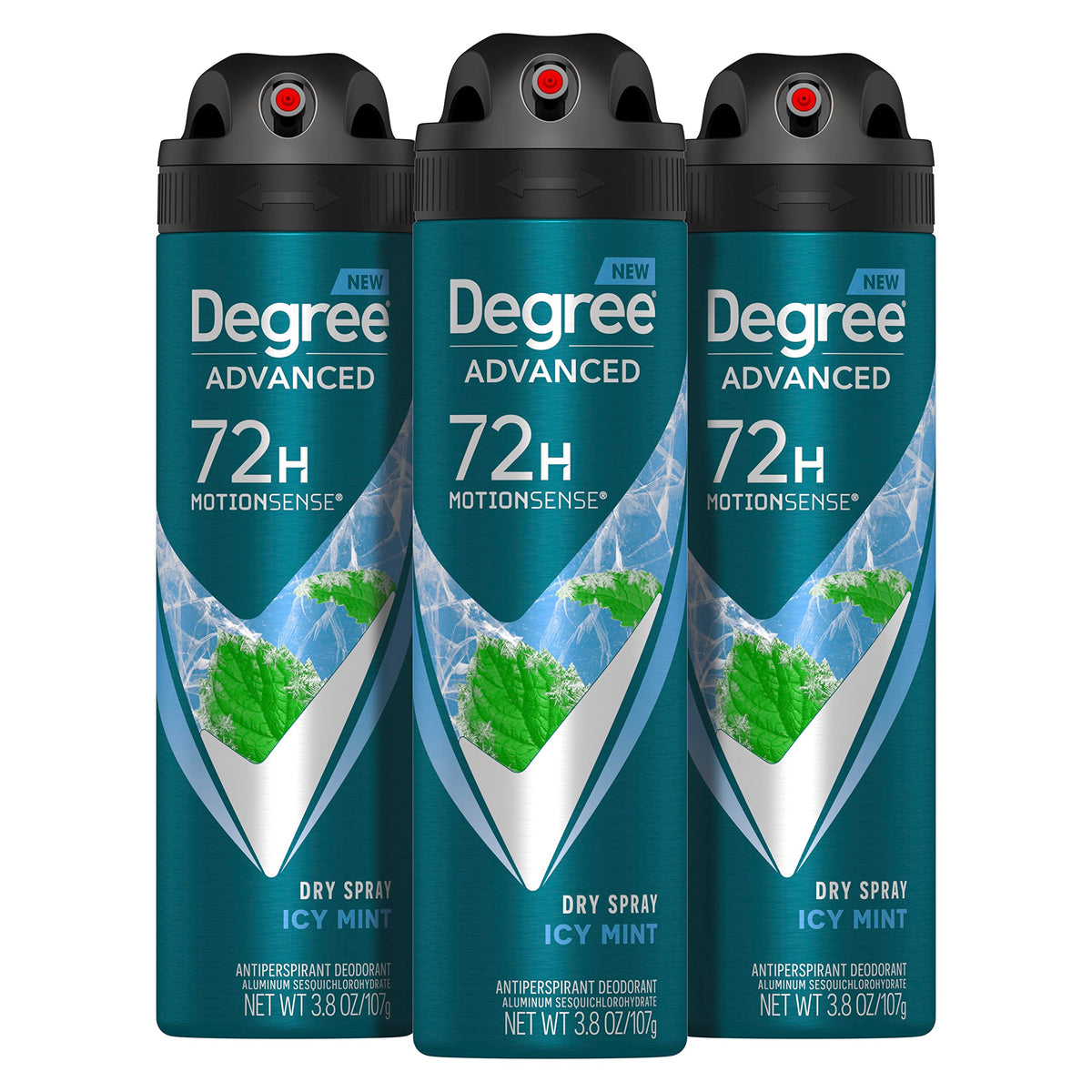 Degree Men icy mint dry spray can showing compact design for reliable all-day protection.