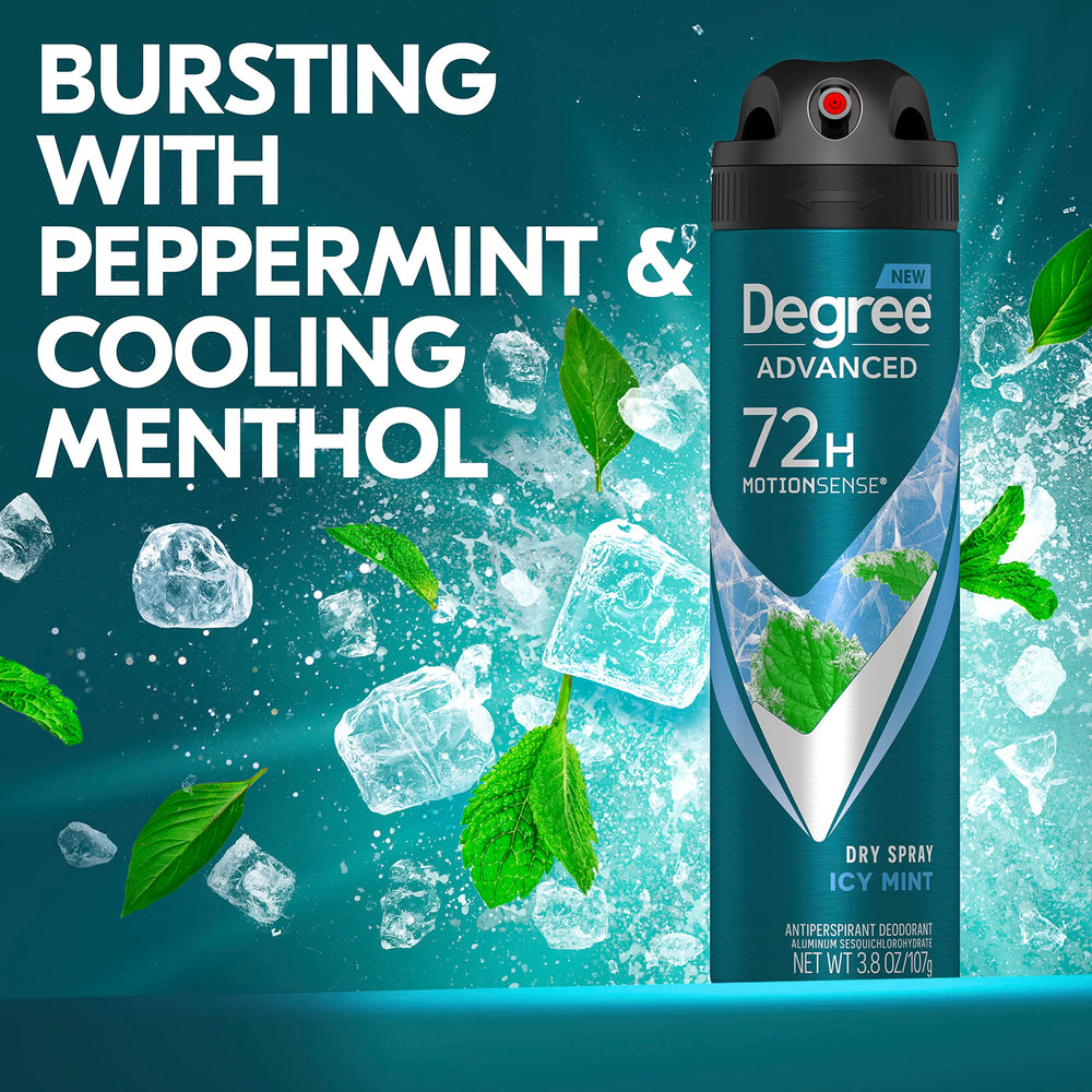 Degree Men icy mint packaging image emphasizes refreshing scent and 72-hour protection.