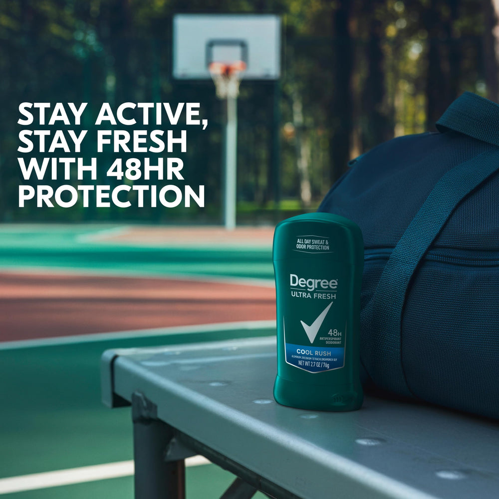 Degree Men Ultra Fresh Cool Rush 2.7oz stick demonstrates portable protection for workouts.