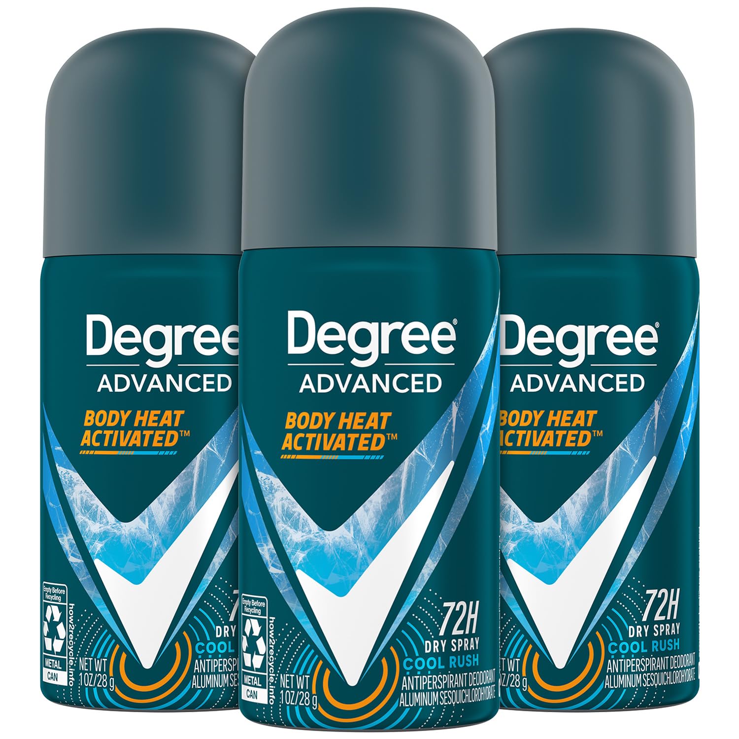 Degree men's travel deodorant 3-pack packaging shows compact protection for on-the-go days.