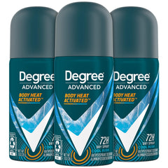 Degree men's travel deodorant 3-pack packaging shows compact protection for on-the-go days.