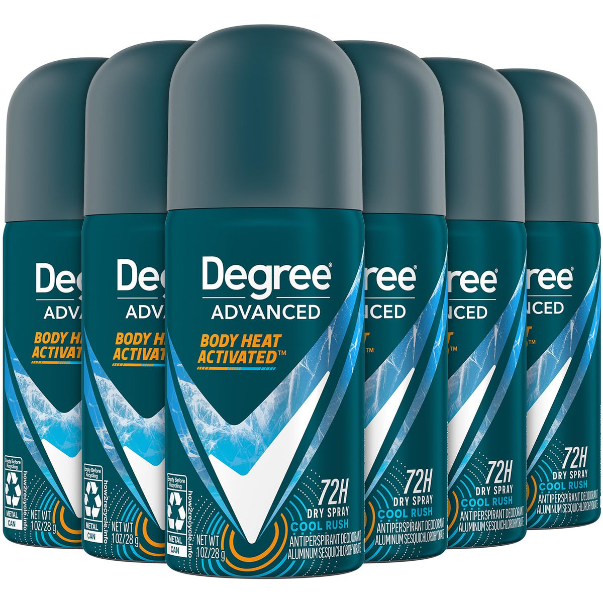 Degree Men travel deodorant 6-pack front shows compact packaging for on-the-go freshness.