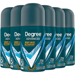 Degree Men travel deodorant 6-pack front shows compact packaging for on-the-go freshness.