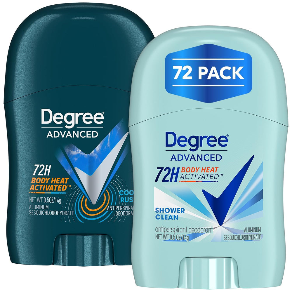 Degree travel deodorant 72-pack packaging for on-the-go protection.