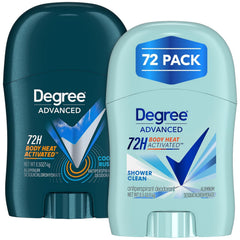 Degree travel deodorant 72-pack packaging for on-the-go protection.