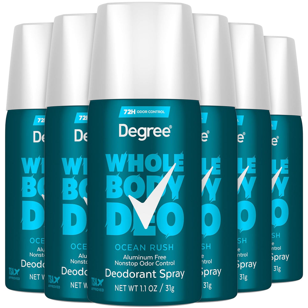 Degree Whole Body Deodorant Spray Ocean Rush 6-pack front view for on-the-go freshness.
