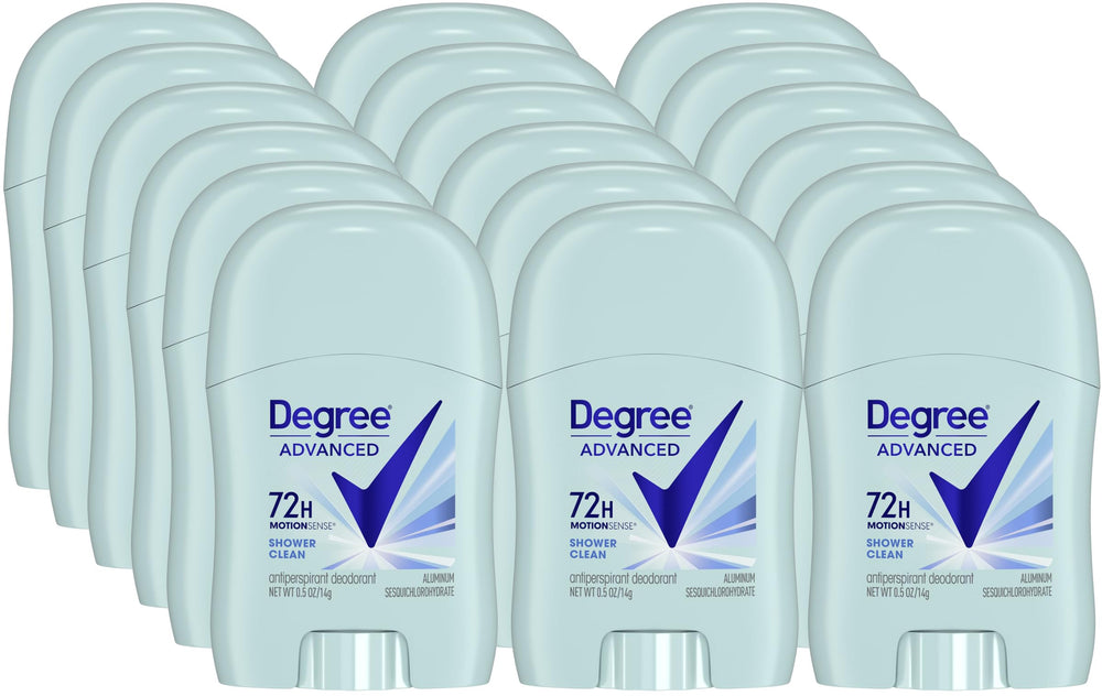 Degree women's travel deodorant Shower Clean packaging emphasizes compact protection for on-the-go freshness.