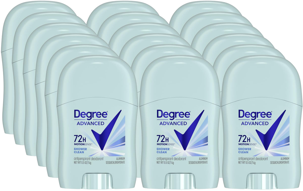 Degree women's travel deodorant Shower Clean packaging emphasizes compact protection for on-the-go freshness.