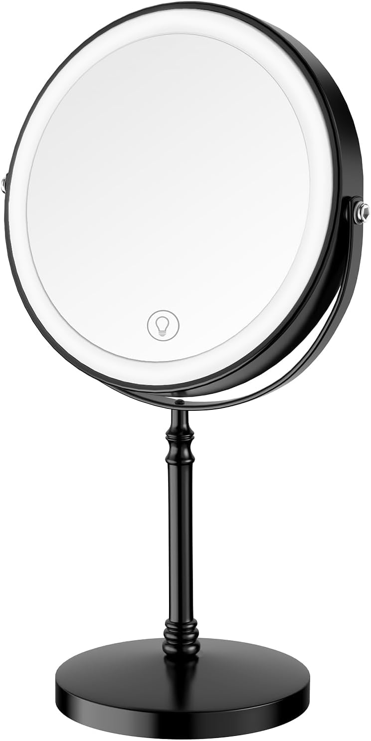 DEIOVWXS lighted makeup mirror with 360° rotation for flexible angles and flawless makeup checks.