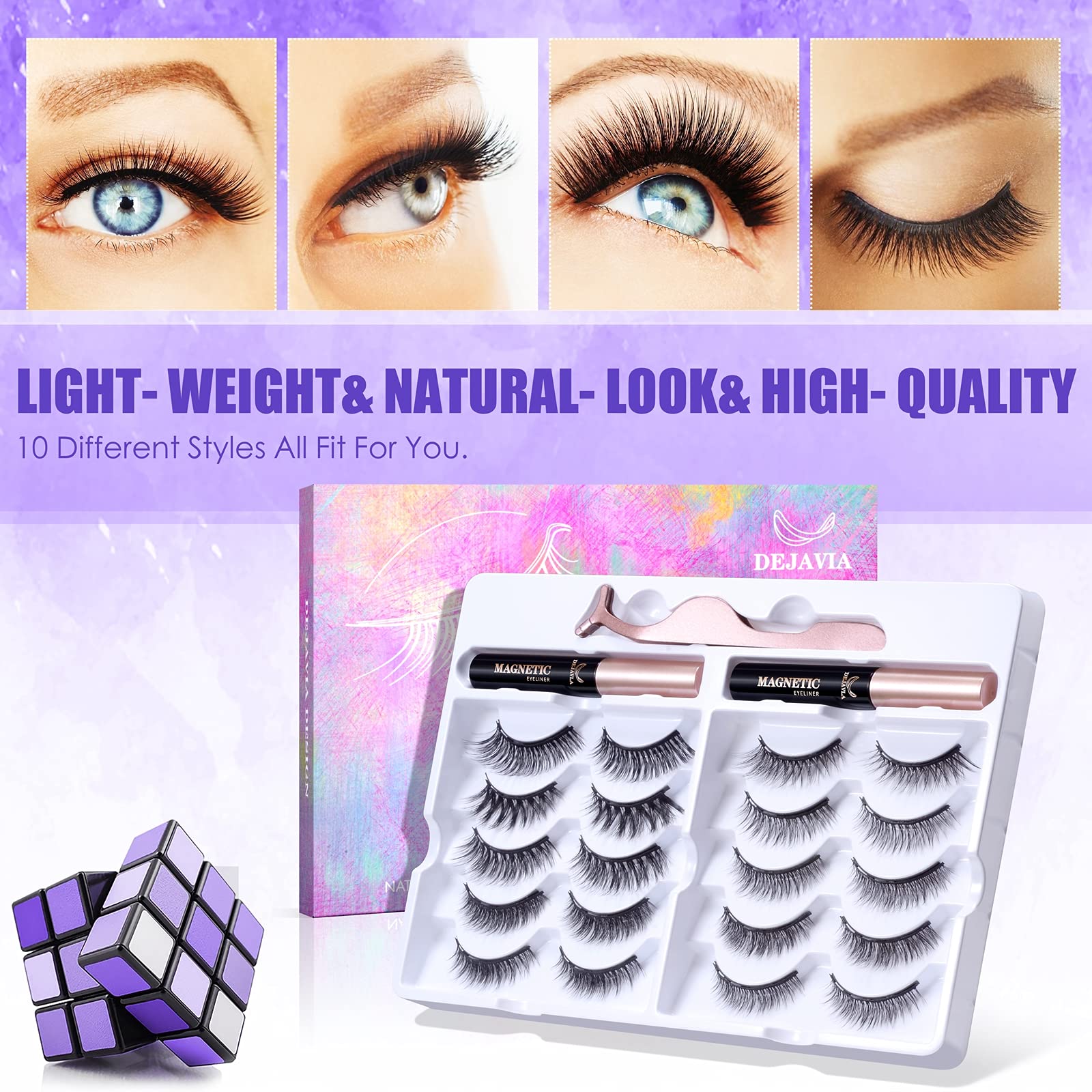 DEJAVIA magnetic eyeliner tubes highlight easy magnetic lash attachment and quick secure hold.