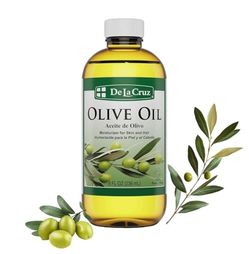 De La Cruz Pure Olive Oil bottle for lightweight hydration on hair and skin.