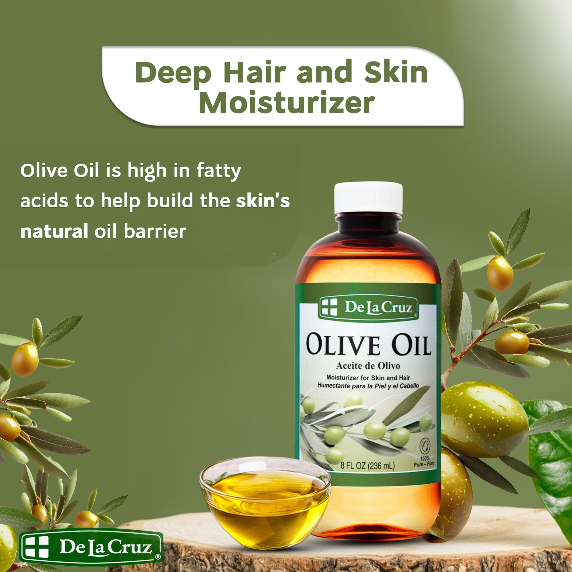 De La Cruz olive oil helps reduce frizz for smoother hair.